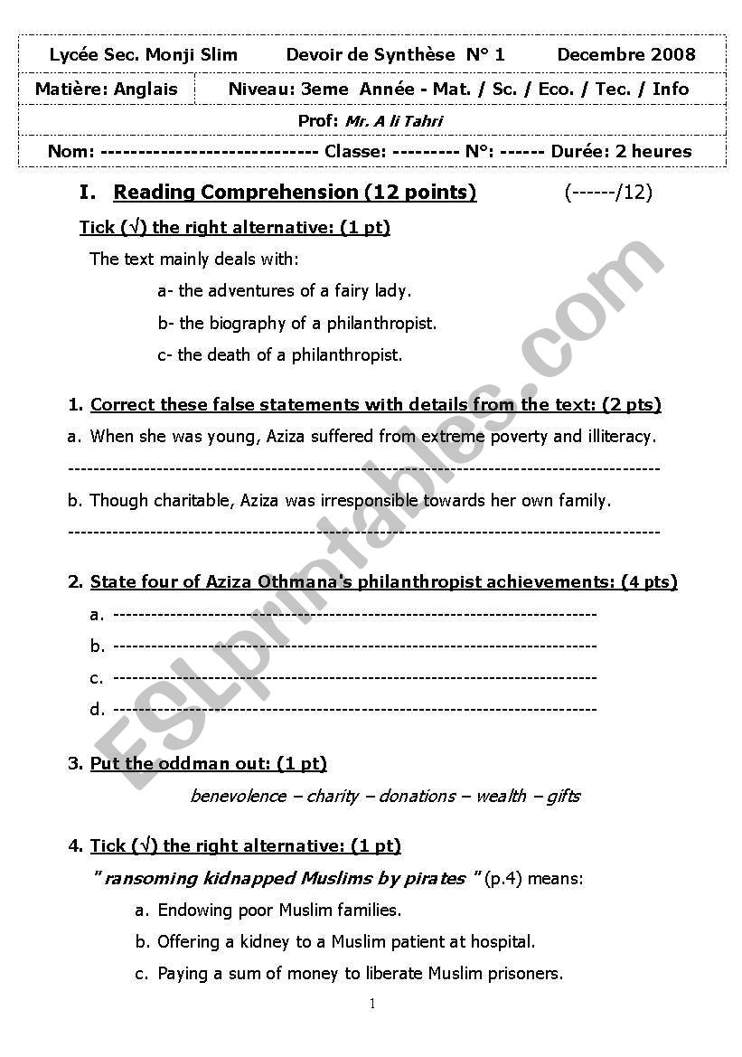 English test 3 worksheet