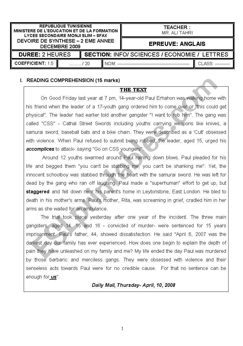 ENGLISH TEST 5 worksheet