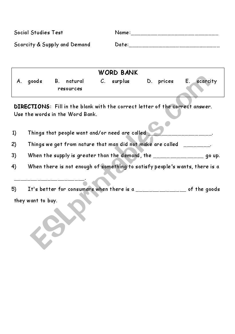 Supply & Demand and Scarcity worksheet