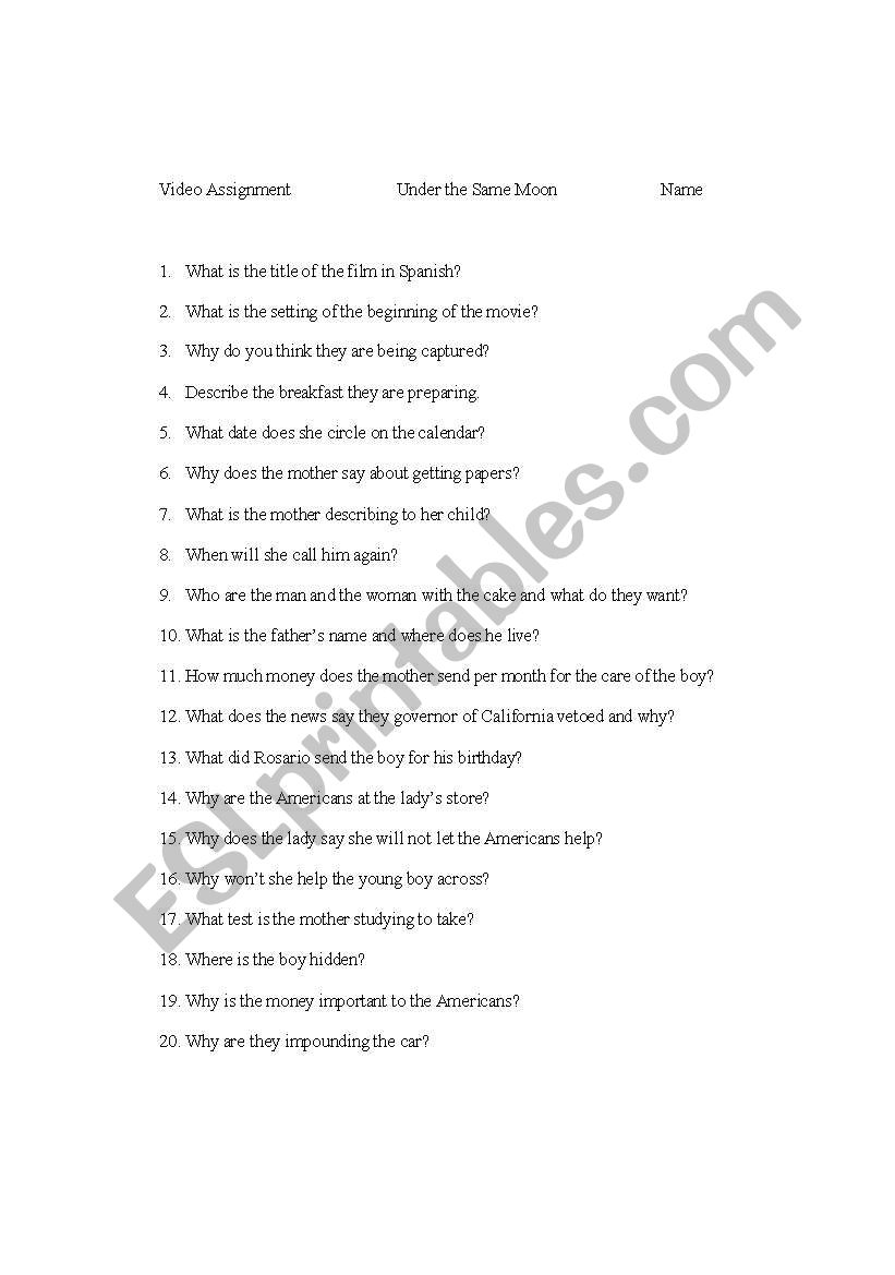 Under the Same Moon Film worksheet 