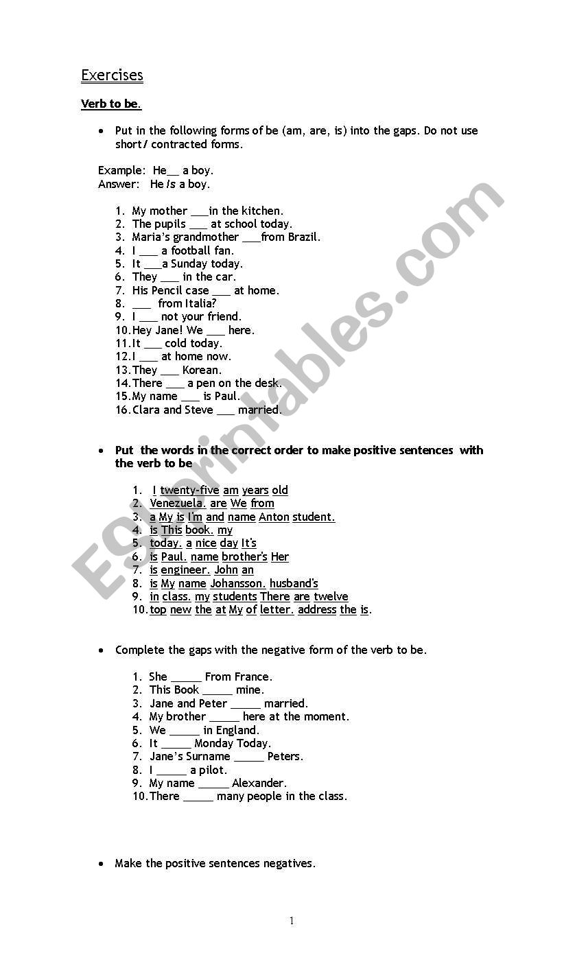 Verb to Be worksheet