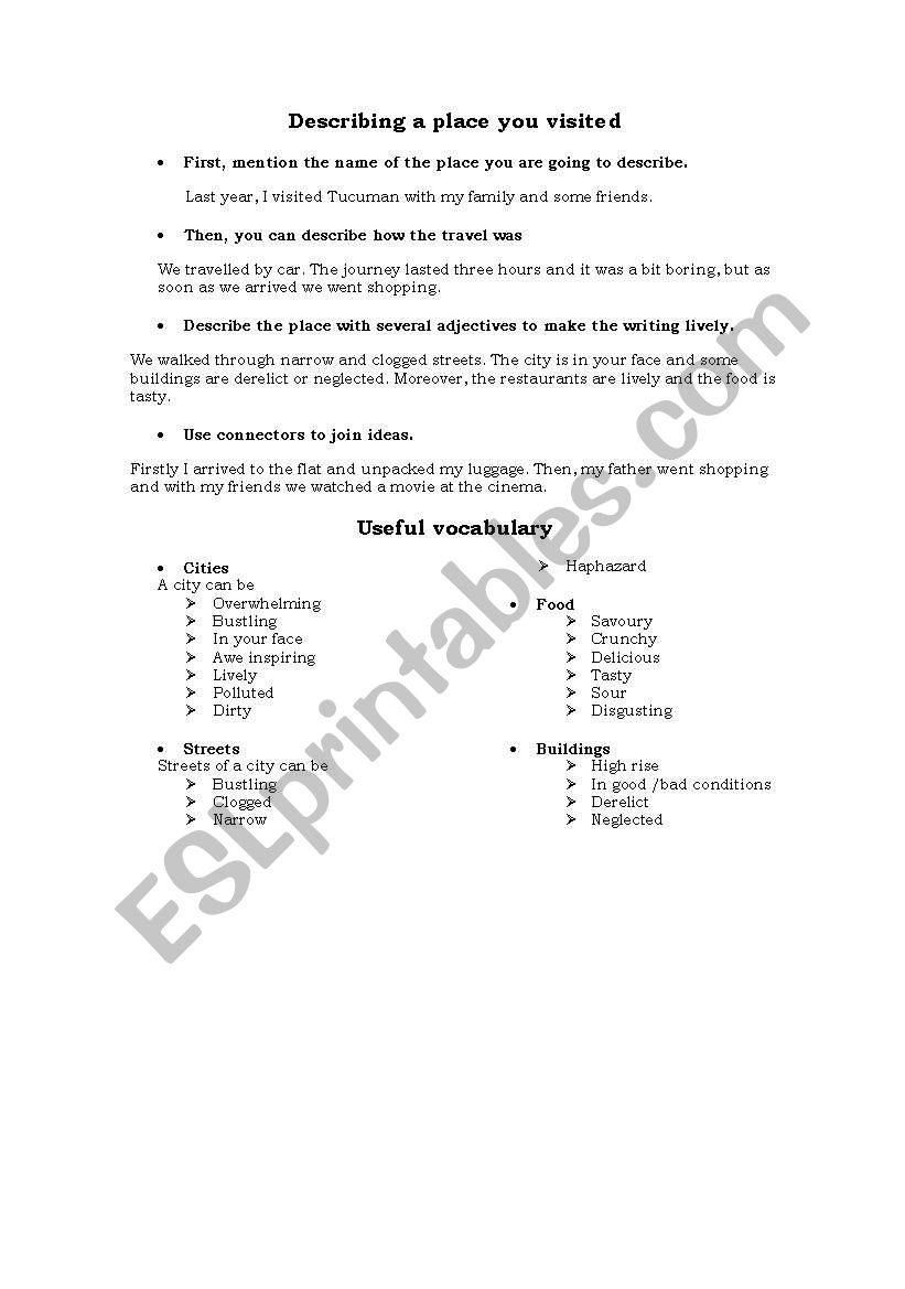 describing places summary worksheet