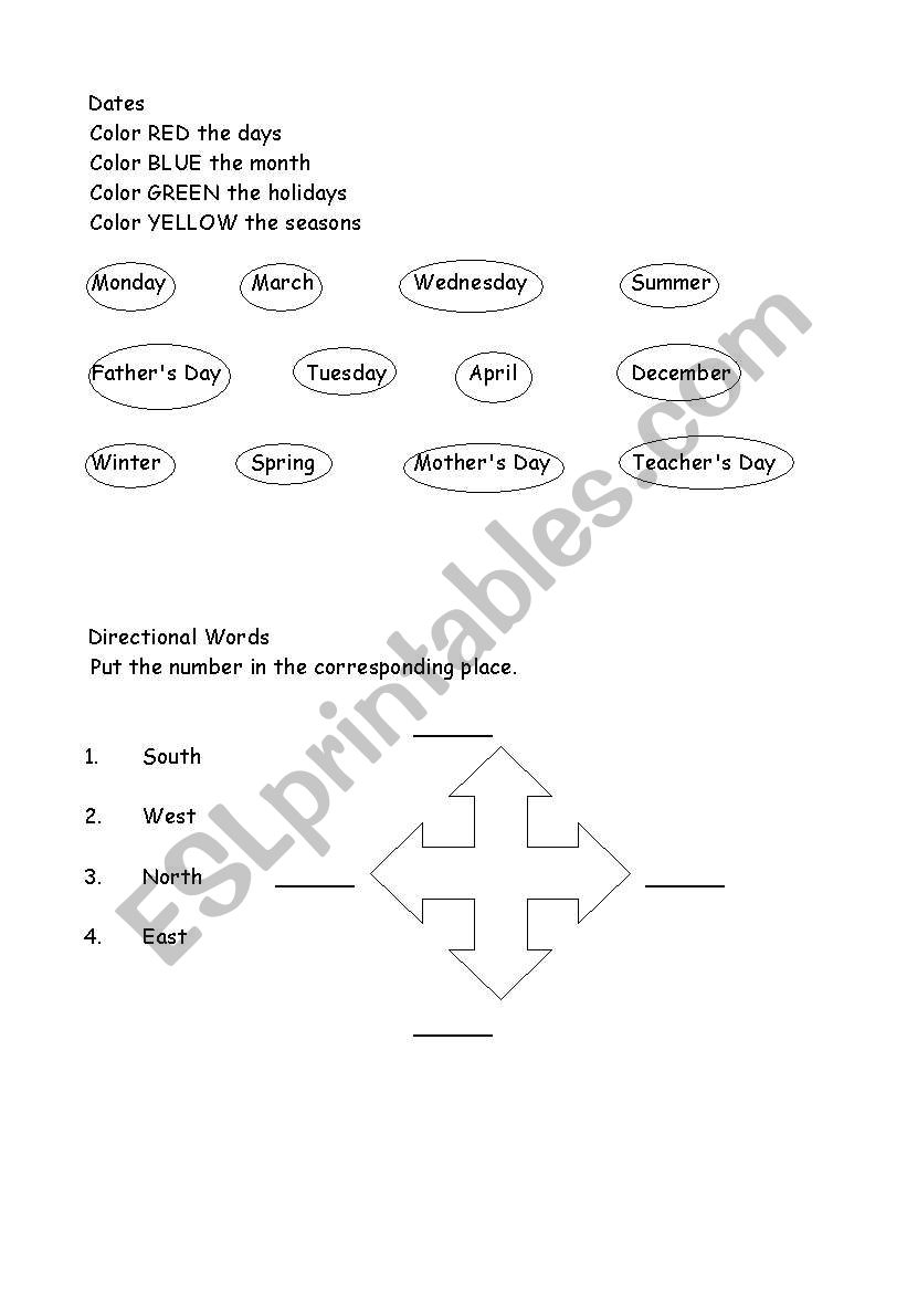 Dates and directional words worksheet