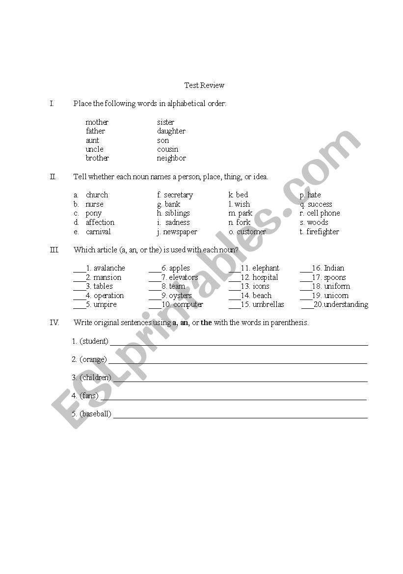 Test: The Calendar and Nouns worksheet