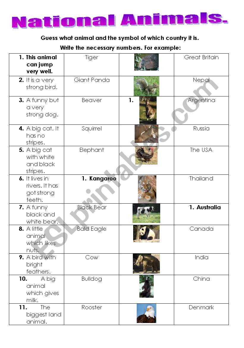 English worksheets: National Animals