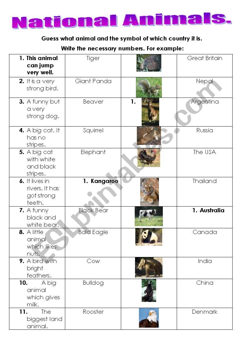 National Animals worksheet