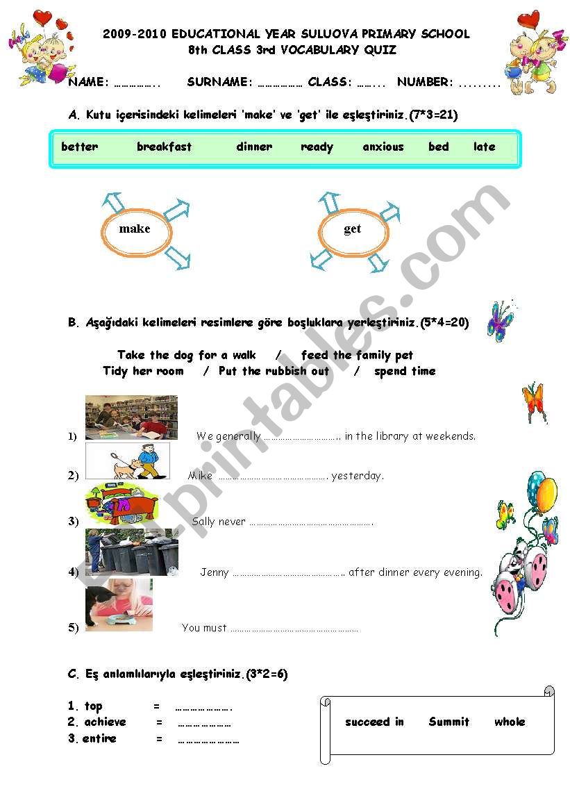 8th grade vacobulary quiz worksheet