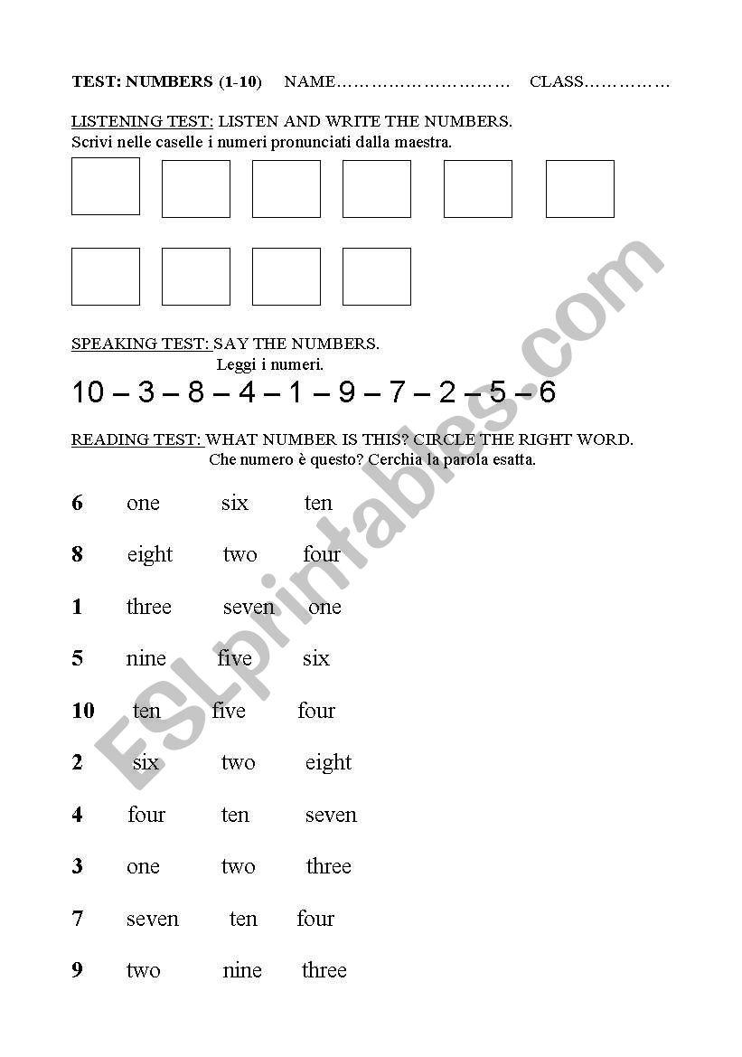 test numbers worksheet