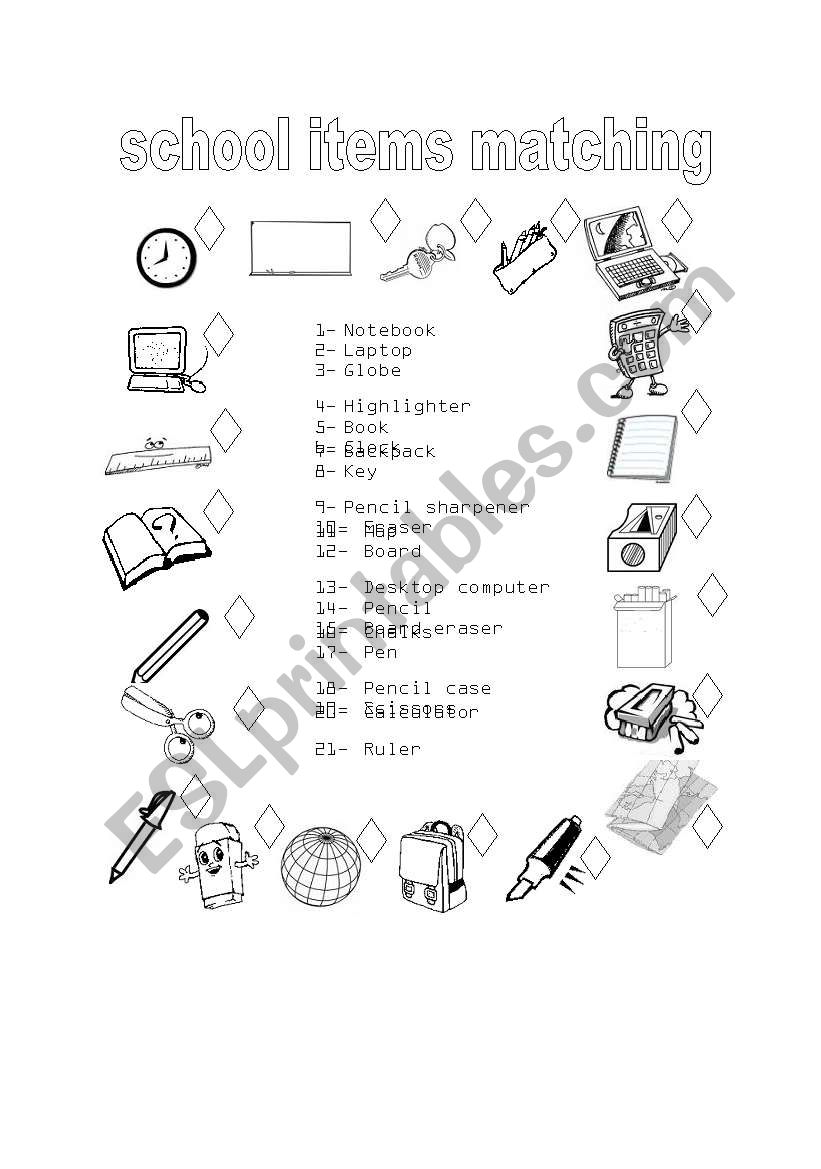 School Items Matching worksheet