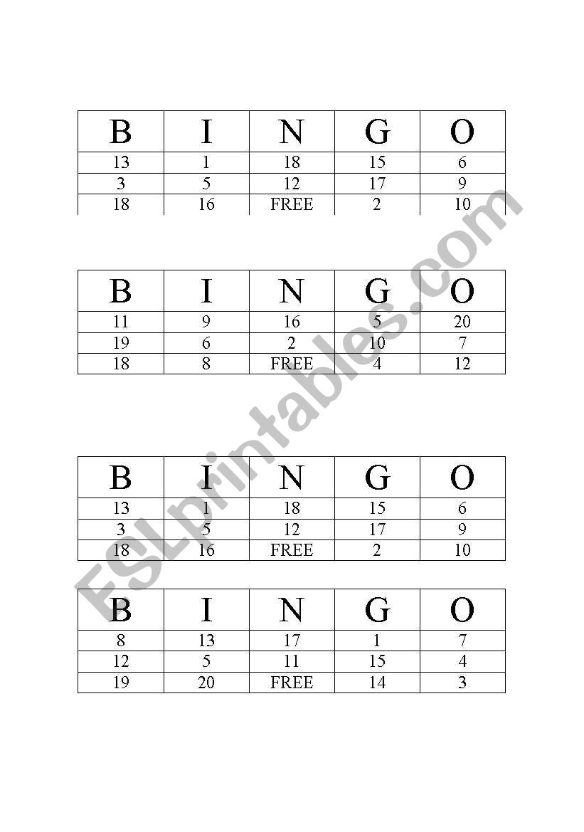 Number bingo worksheet