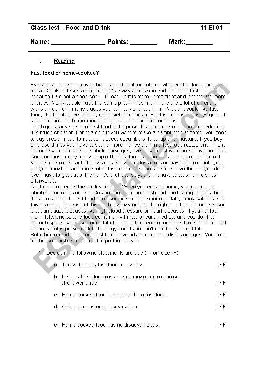 Class test food and drink worksheet