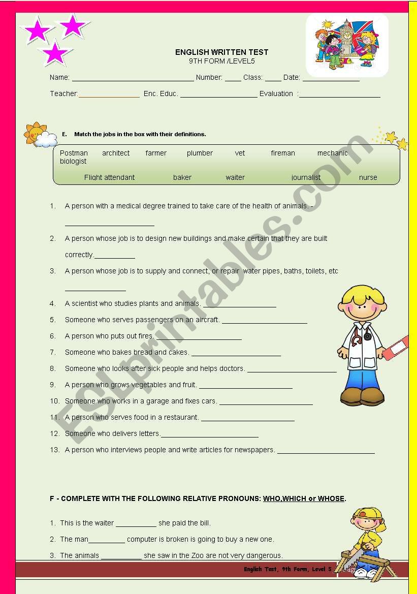 Test on jobs (2nd part) worksheet