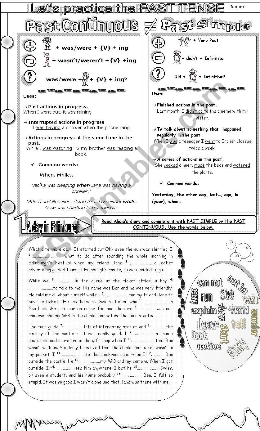 PAST SIMPLE OR PAST CONTINUOUS? Grammar guide + reading, fill in the gaps, wh-questions.