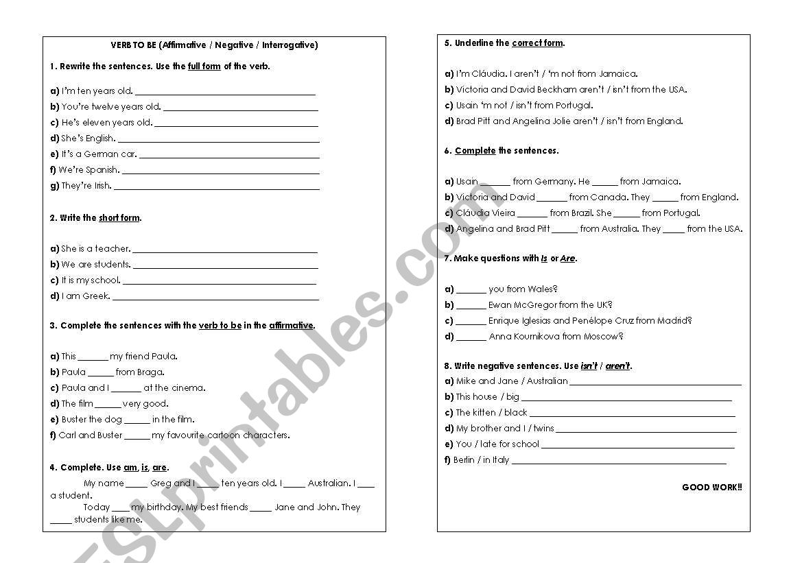 Verb To Be worksheet