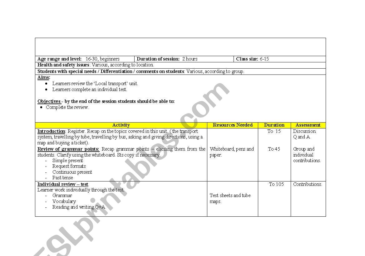 Testing worksheet