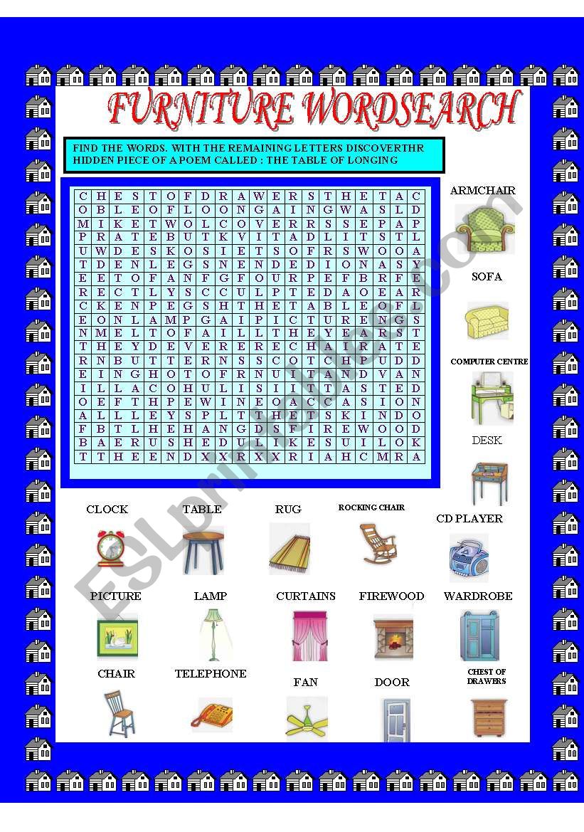 FURNITURE WORDSEARCH WITH HIDDEN POEM