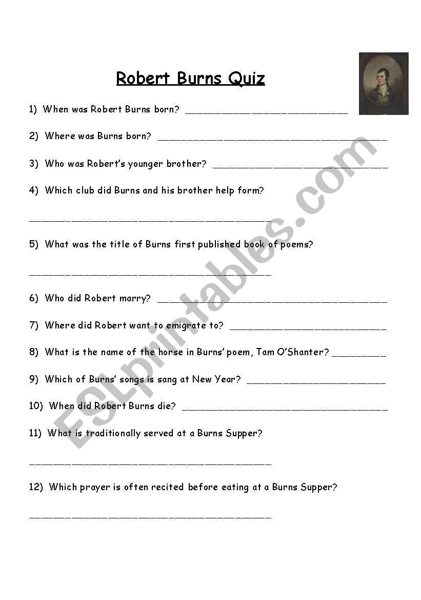Robert Burns Quiz worksheet