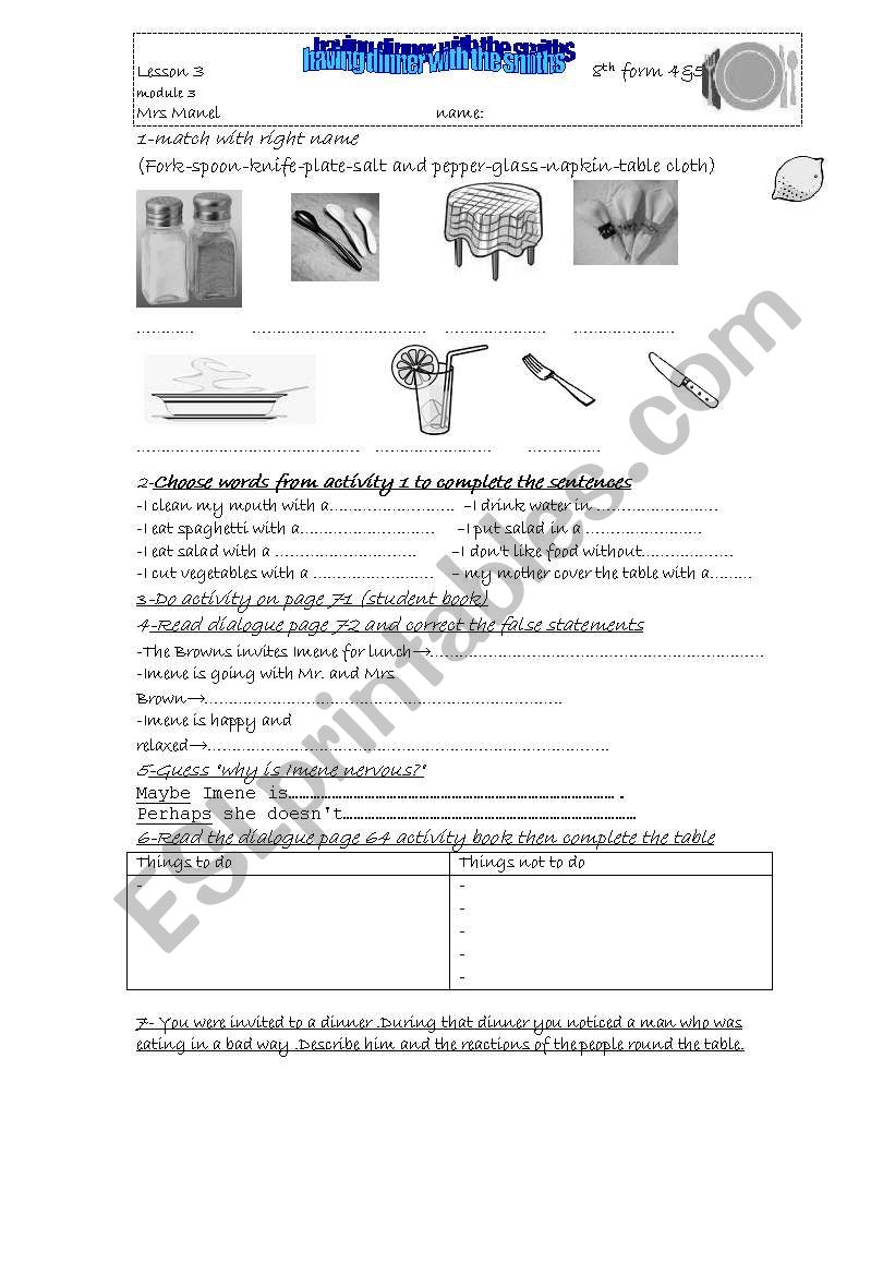HAVING DINNER WITH THE SMITHS worksheet