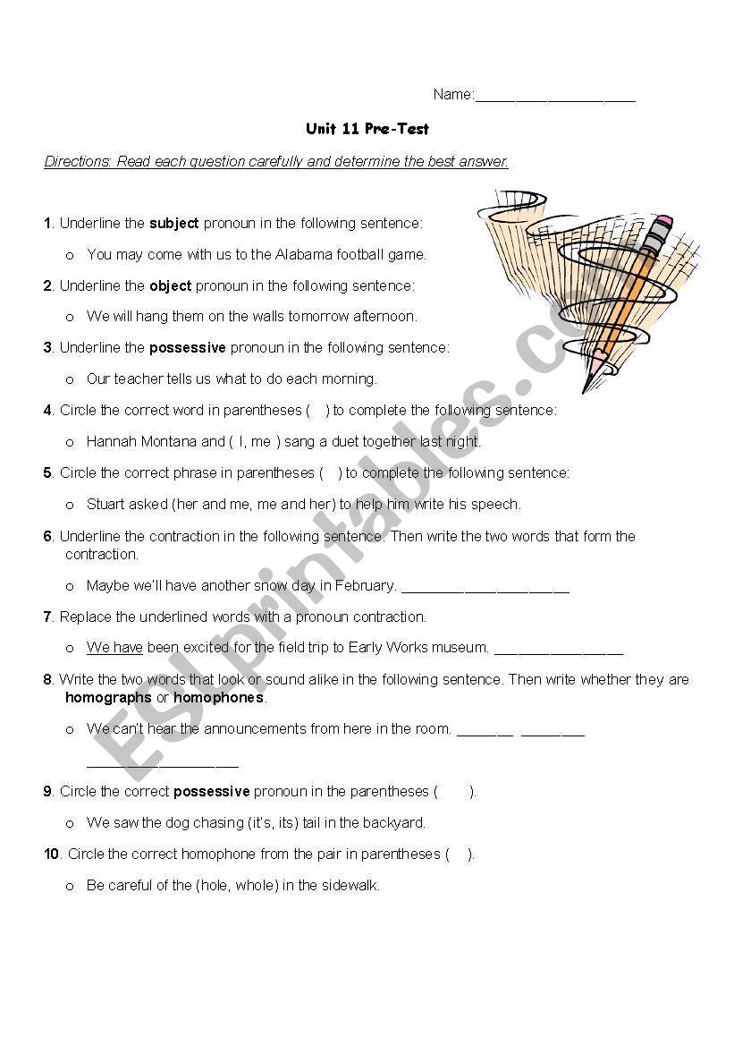 Pronoun Pre-Test worksheet