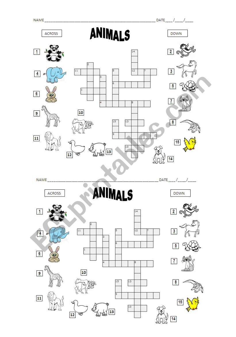 Animals crossword worksheet