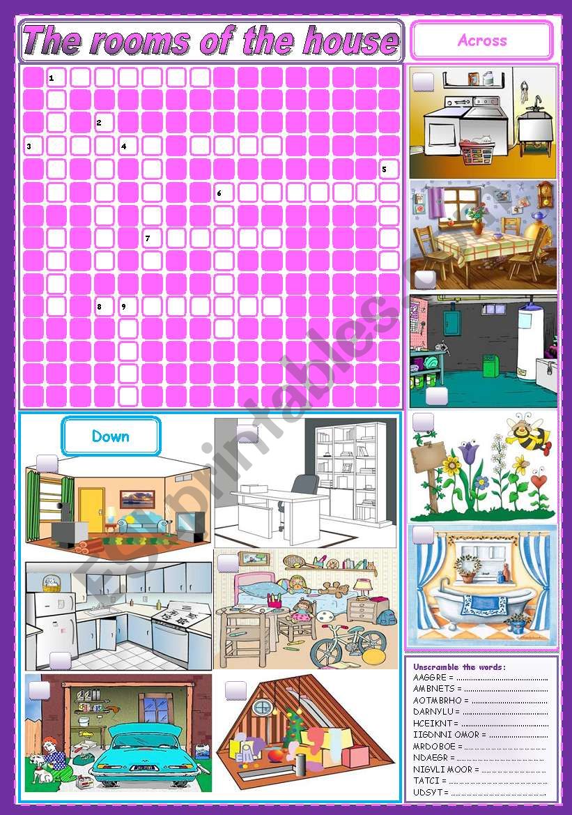 The rooms of the house - crosswords + unscramble (fully editable)