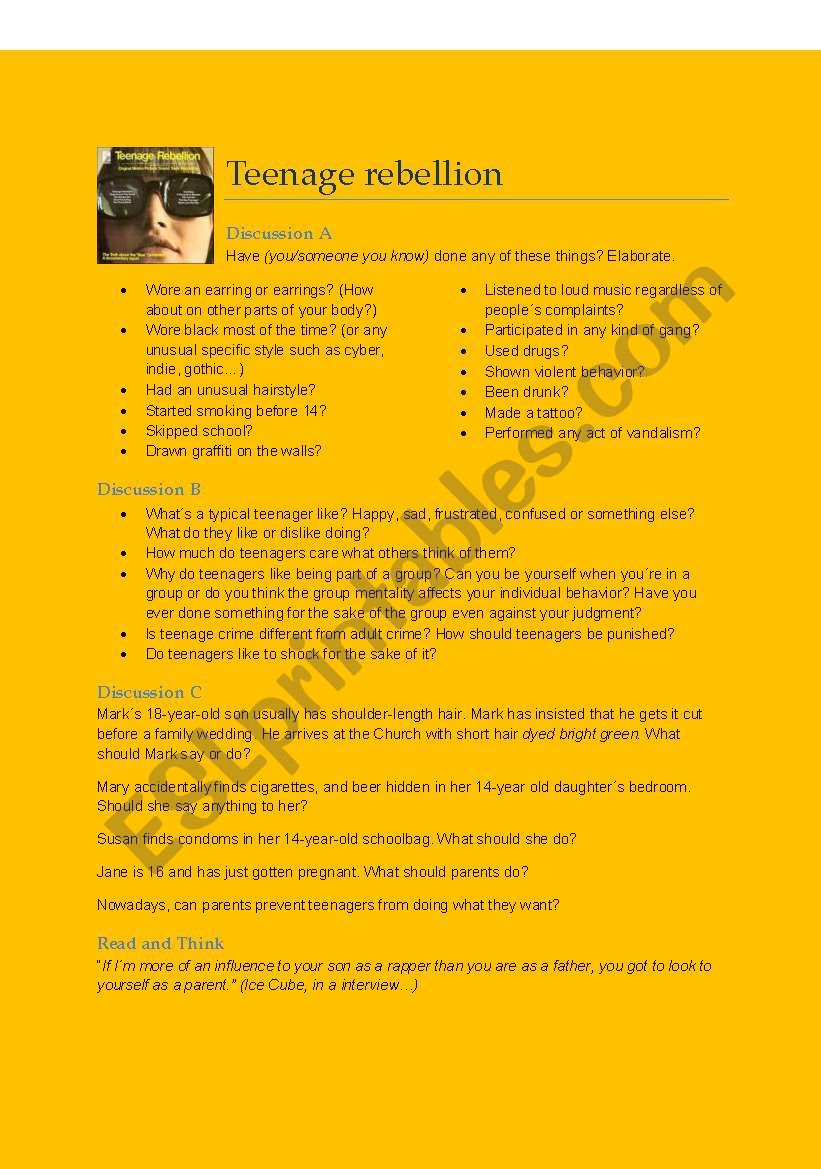 Teenage Rebellion an Bullying worksheet