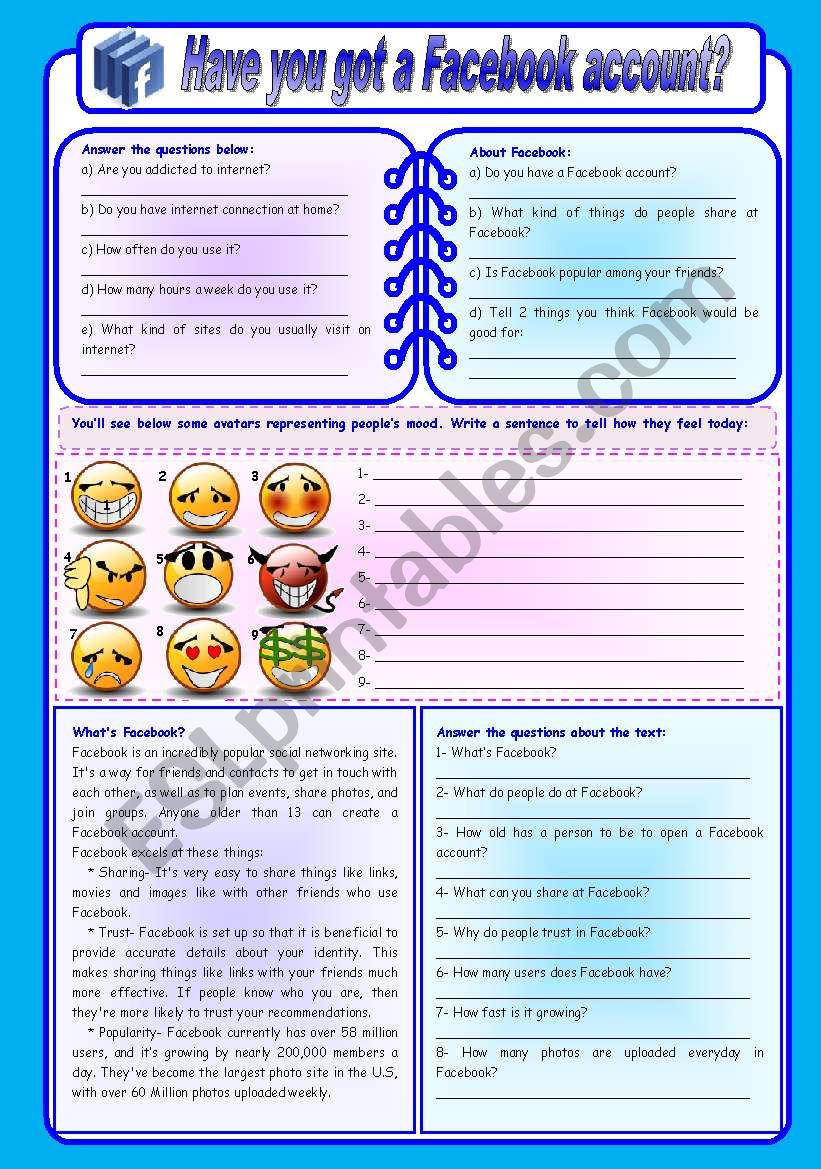 Have you got a Facebook account? - moods, writing and comprehension (fully editable)