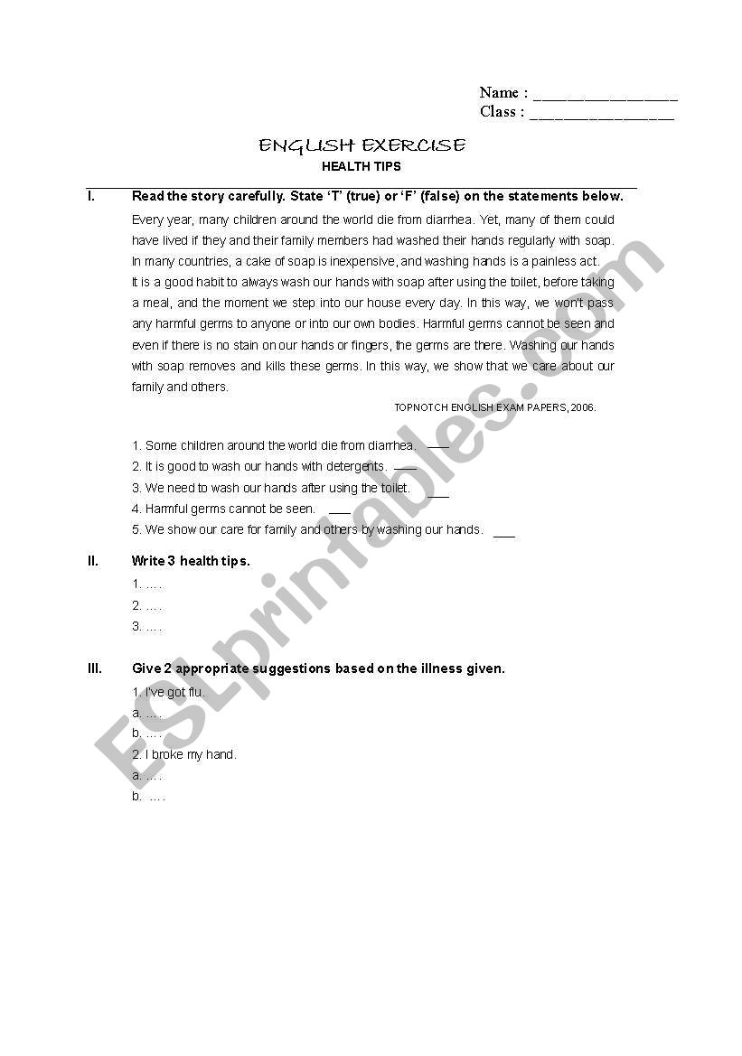 Health Tips worksheet
