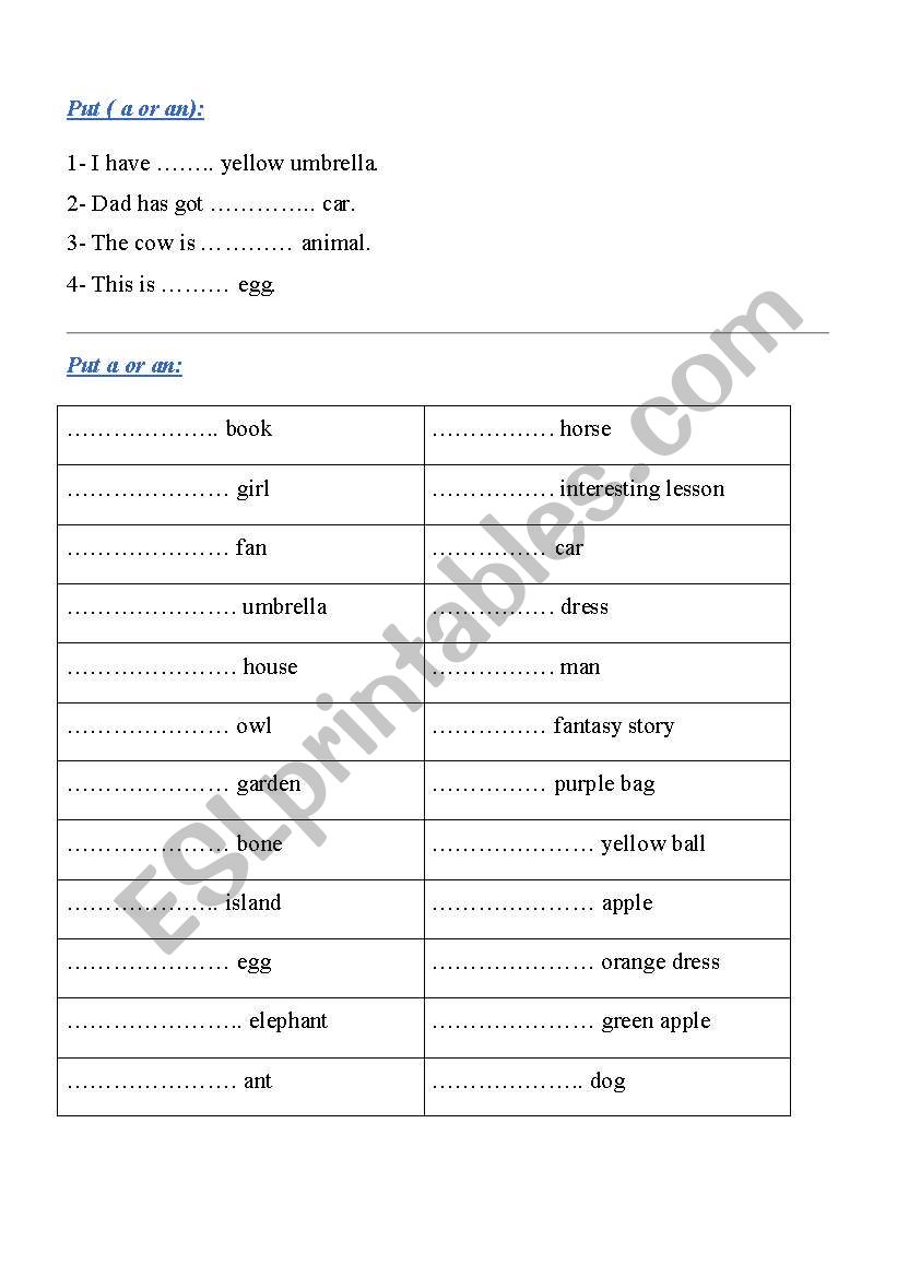 a- an worksheet