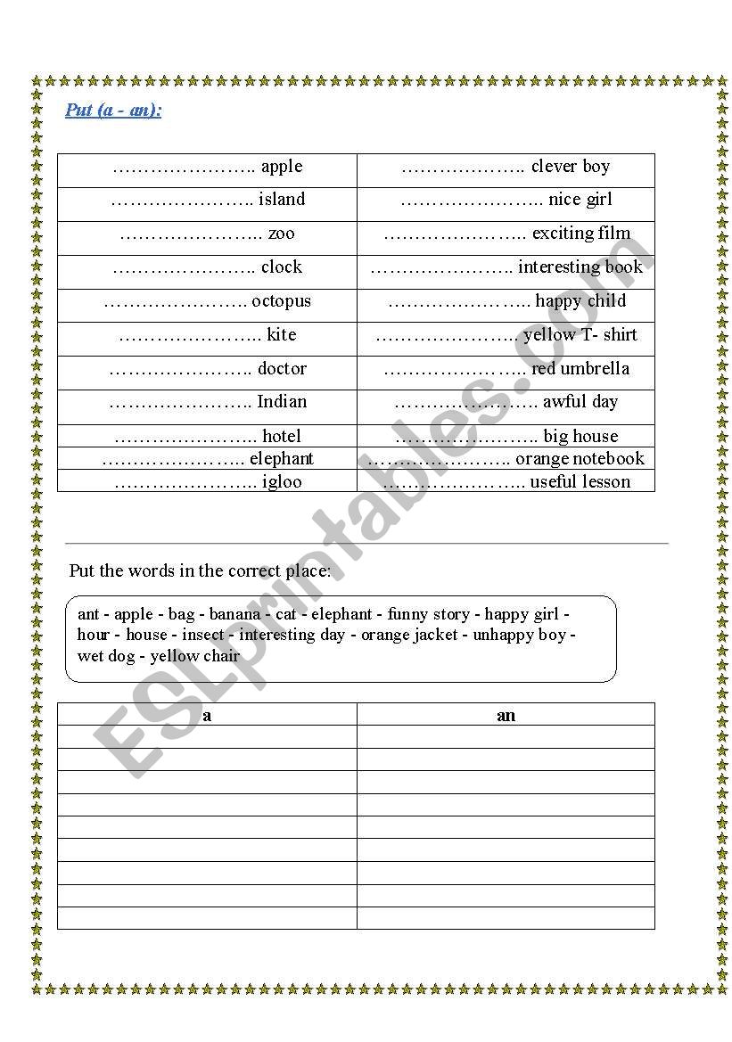 a -a n articles worksheet