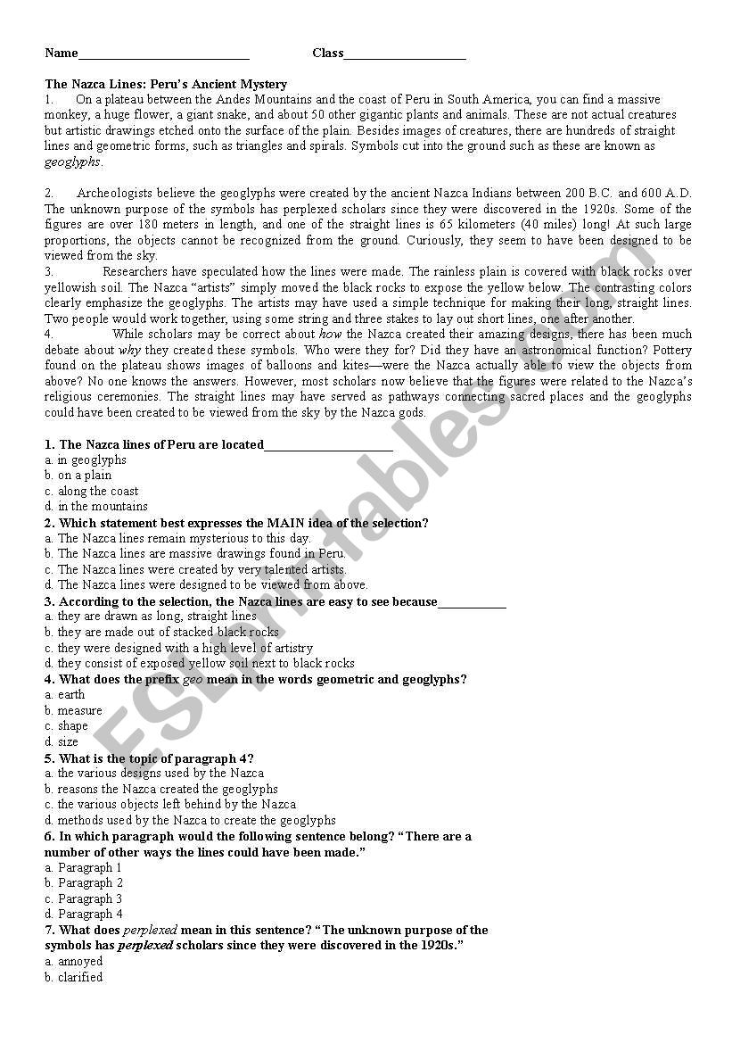 Perus Ancient Mystery worksheet