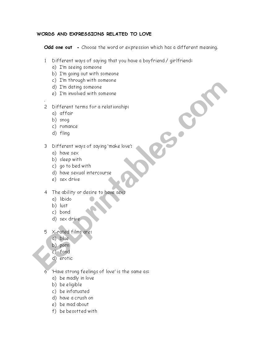 Love vocabulary worksheet