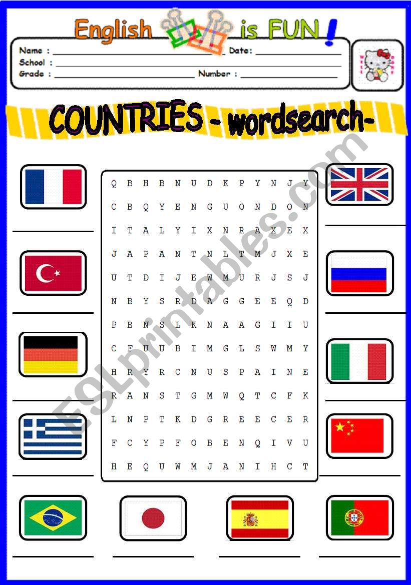 countries word search puzzle worksheet