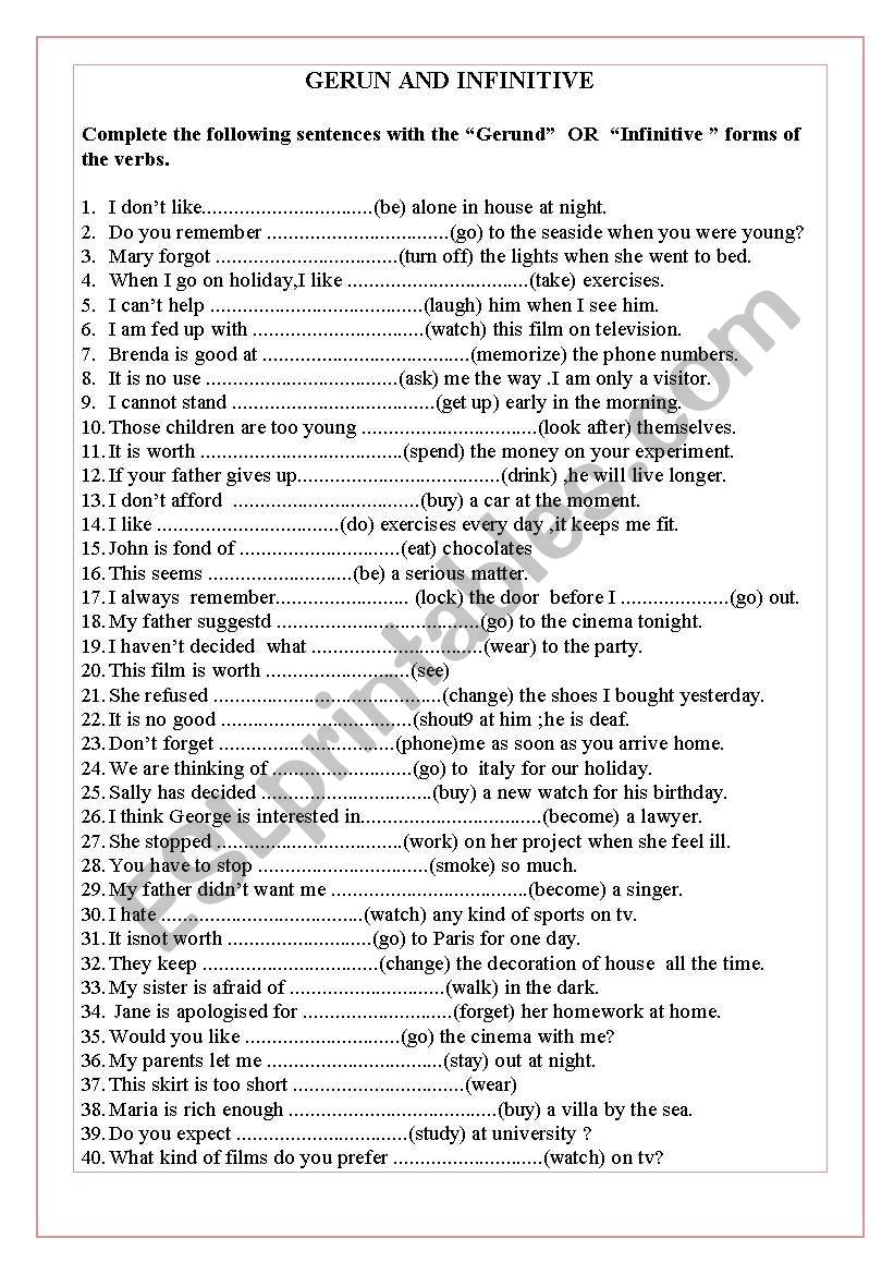 GERUN AND INFINITIVE  worksheet