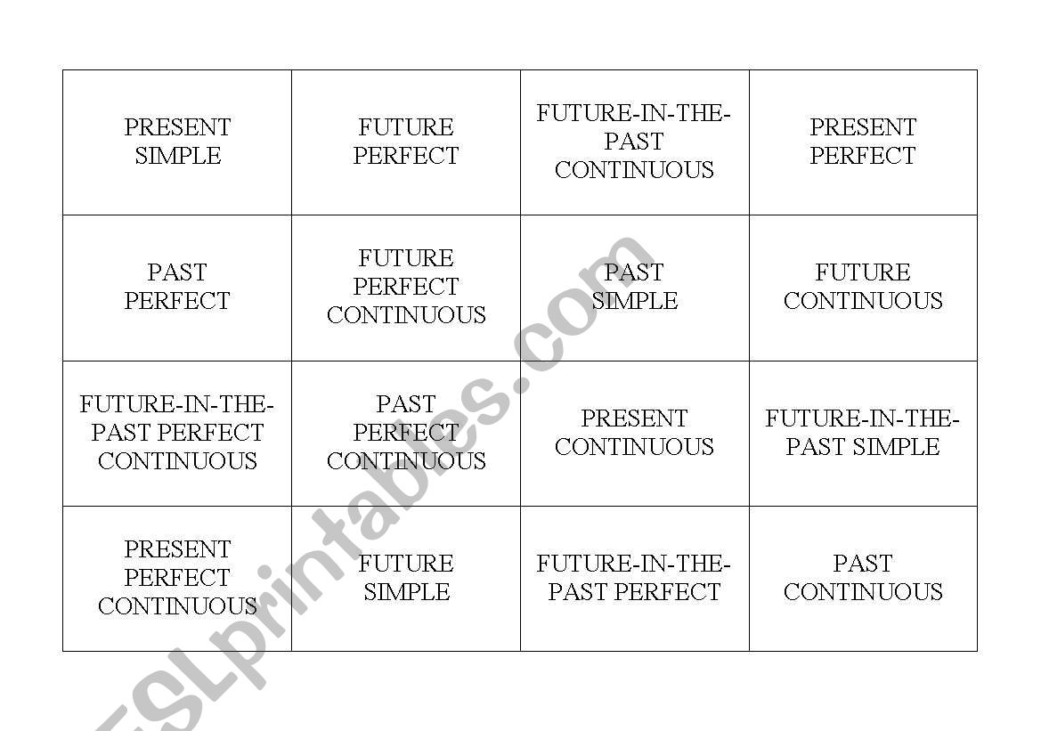 the 12 Verb Tenses Lotto (Part 1)
