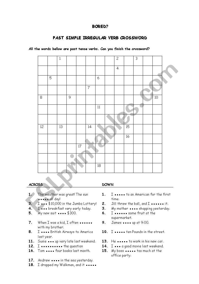 Irregular verb crossword worksheet