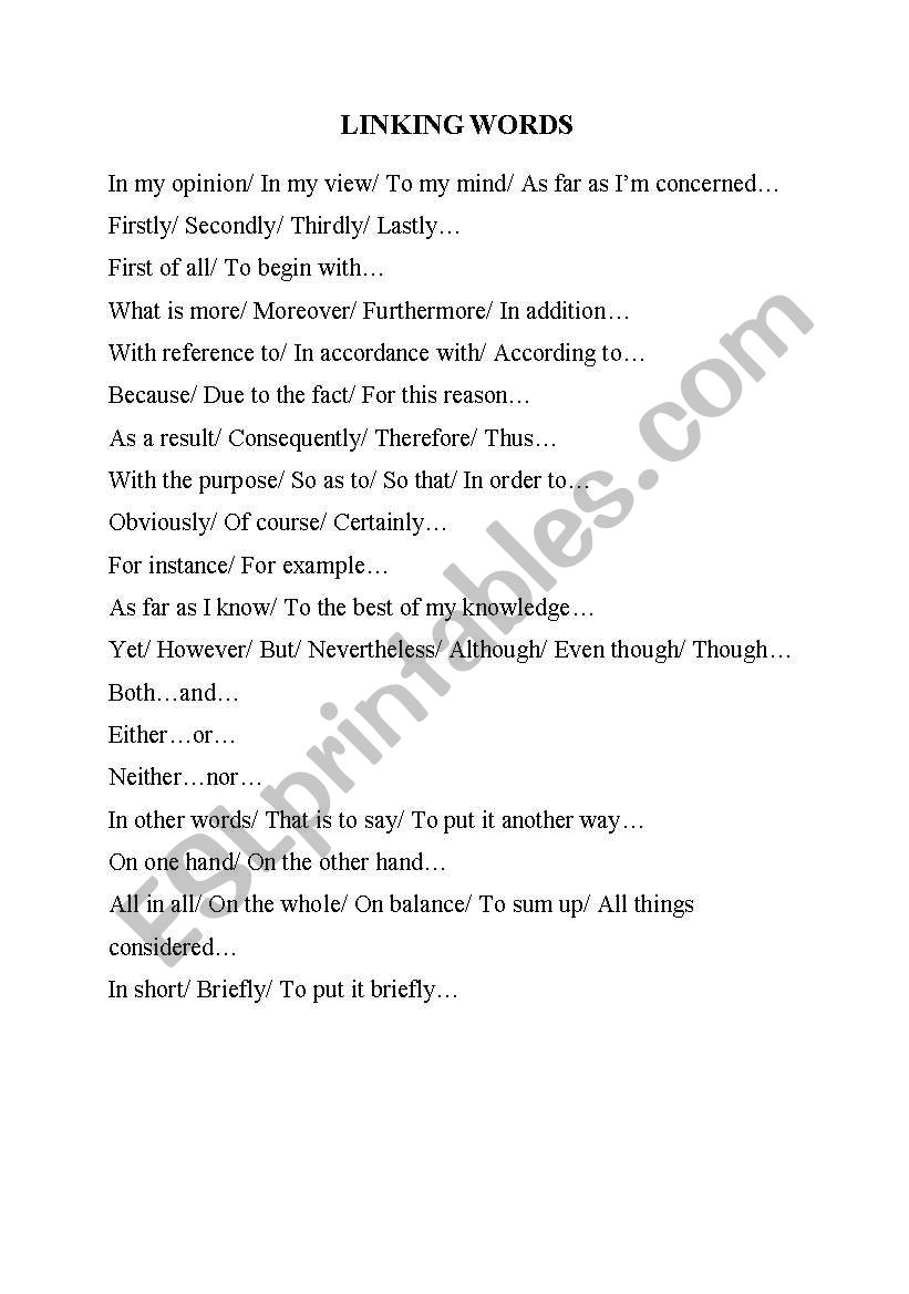 A list of linking words worksheet