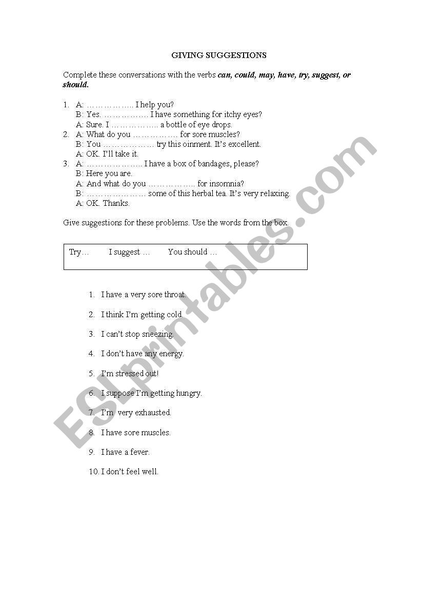 GIVING SUGGESTIONS worksheet