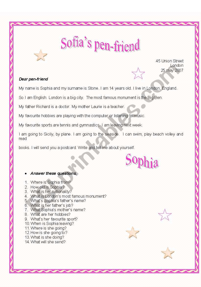 Sofias pen-friend worksheet