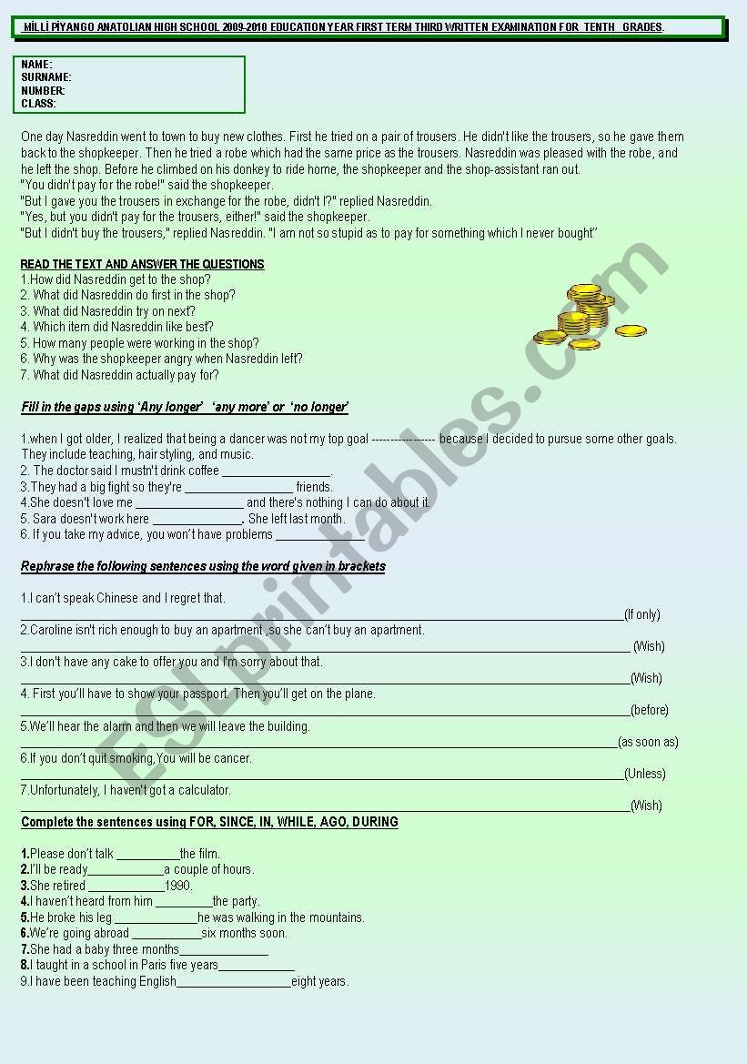 Exam for 10th classes worksheet