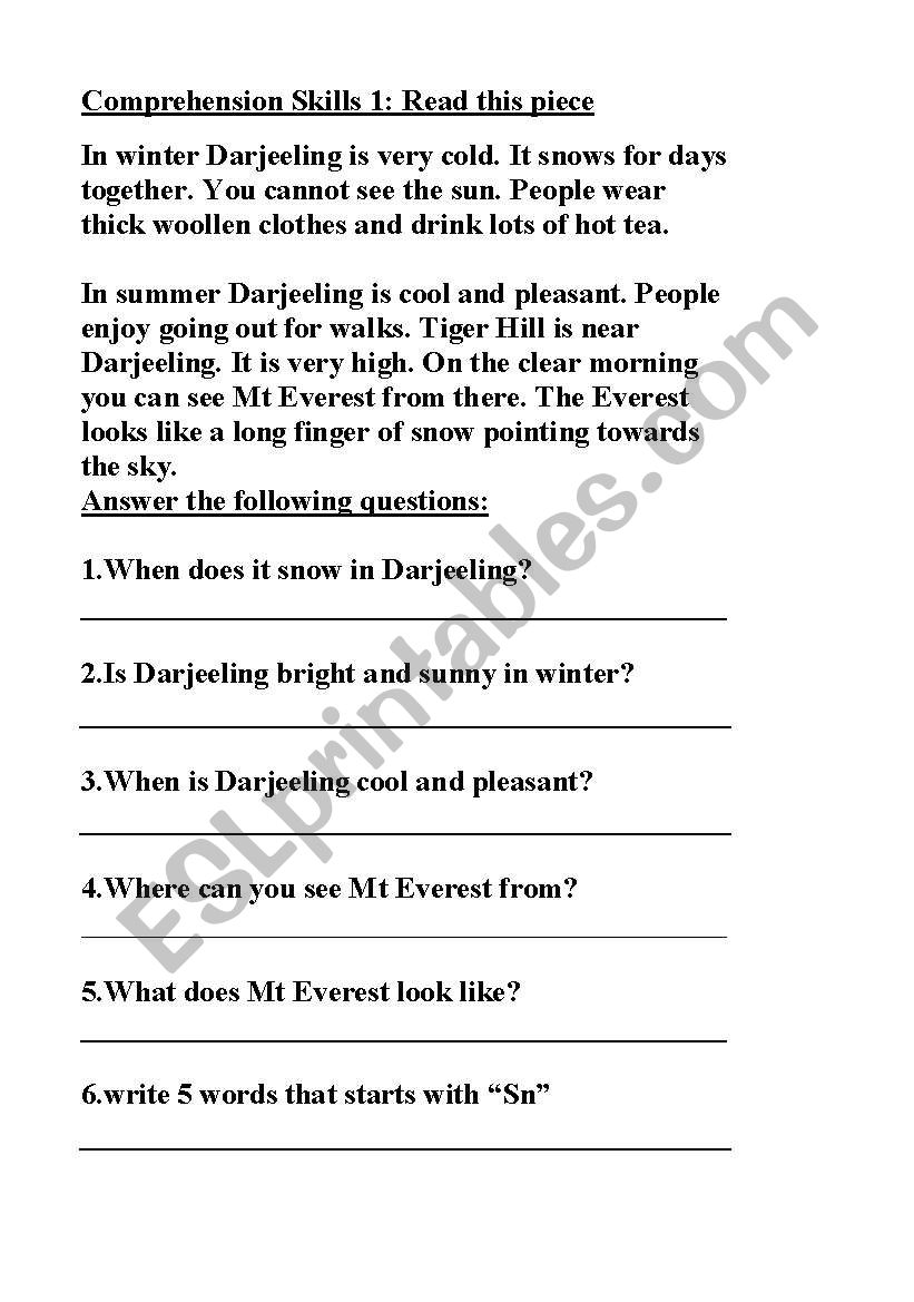 comprehension reading worksheet