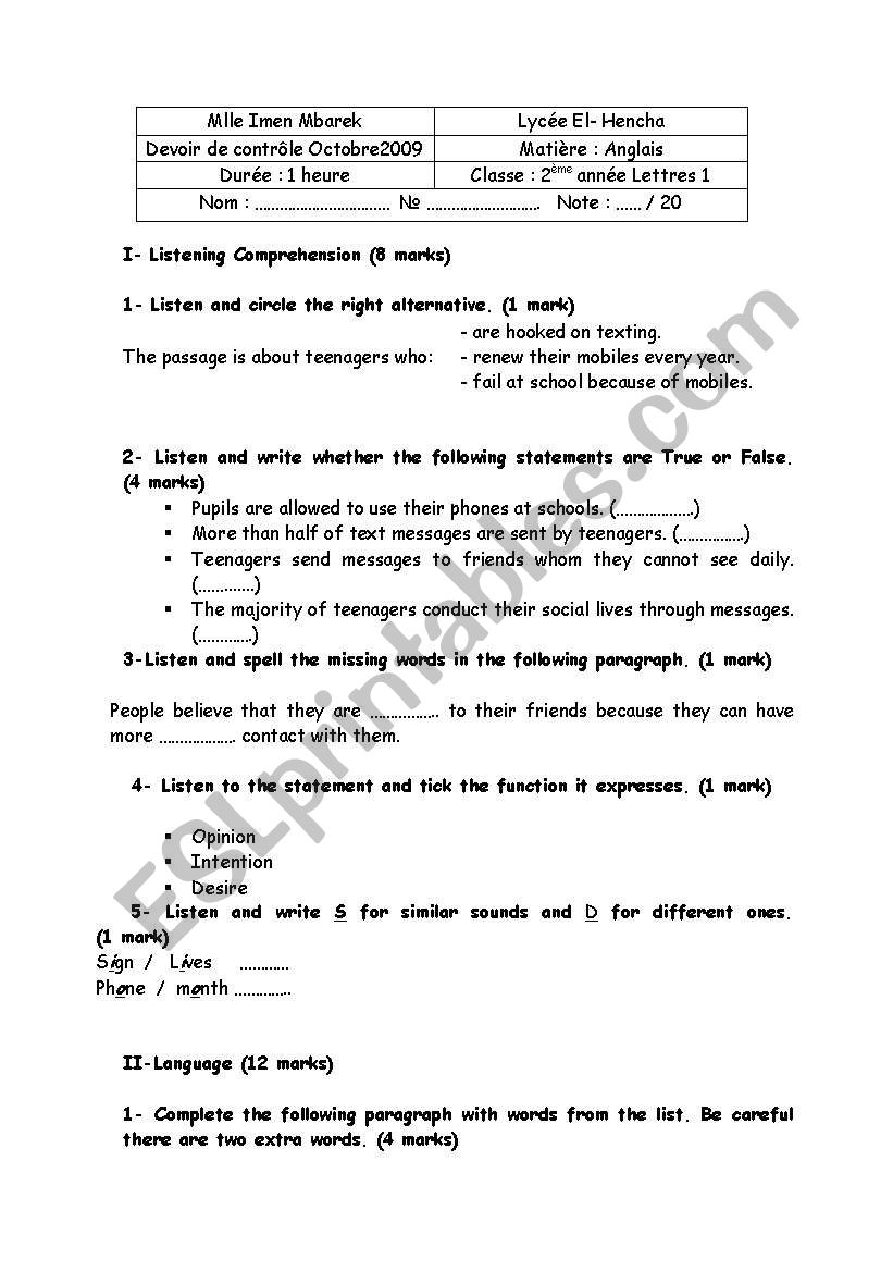 Mid-term test N1 worksheet