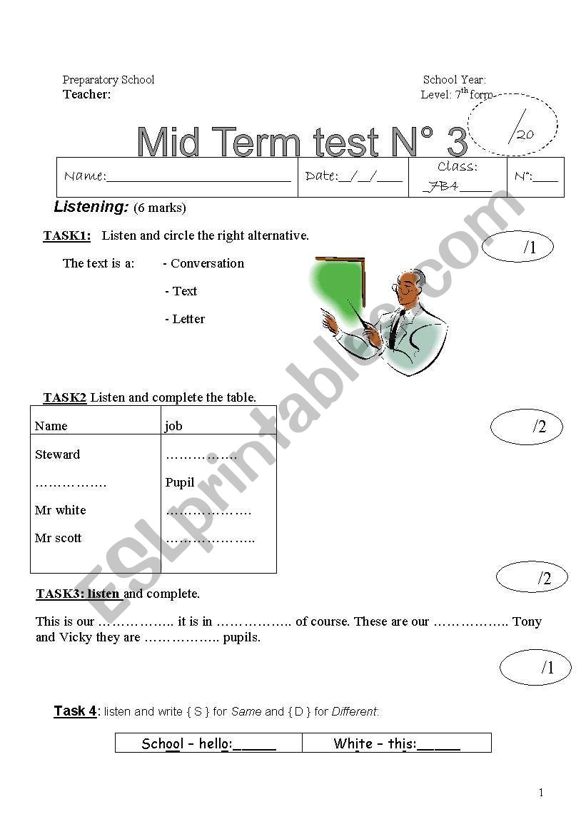 7th mid term test 3 for tunisian pupils