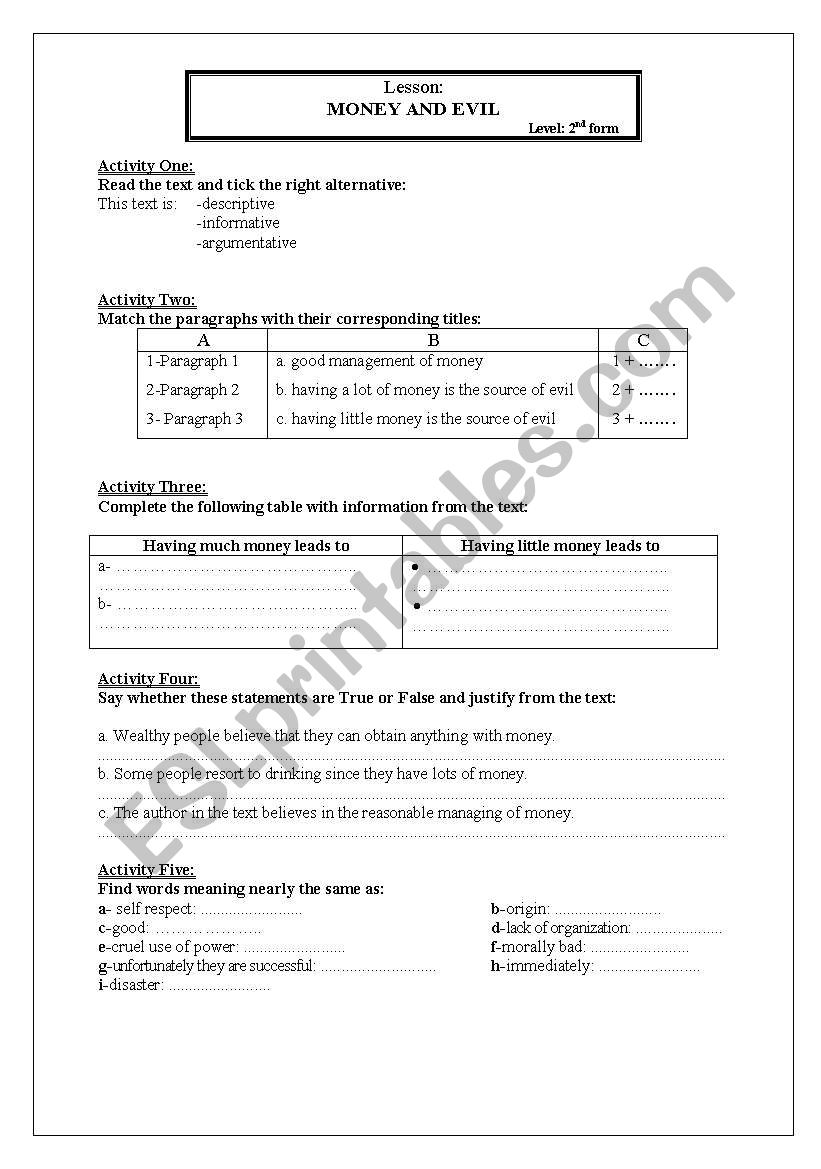 Money and Evil worksheet