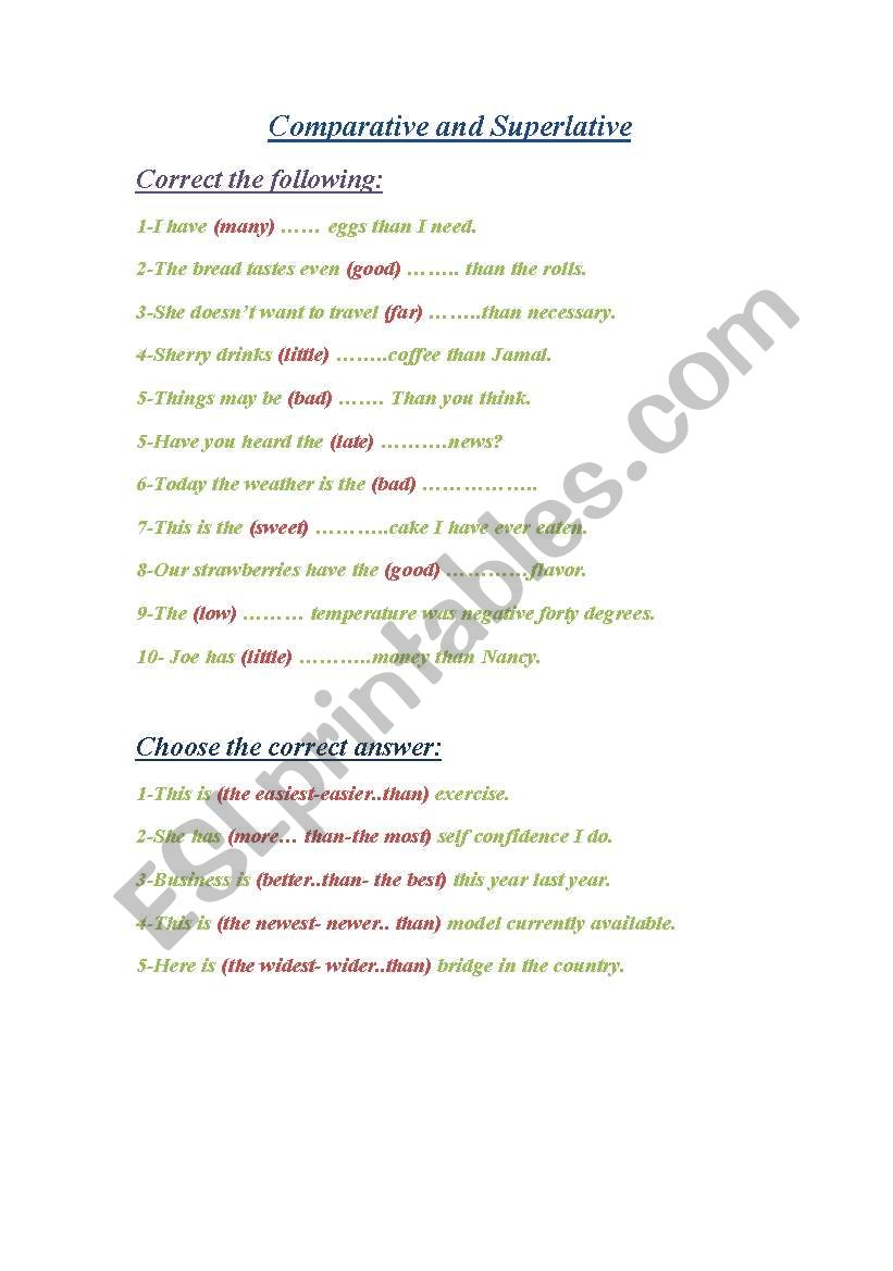 Comparative and Superlative worksheet