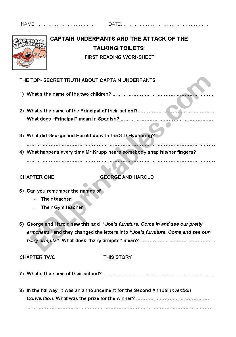 7 Reading worksheets for the book Captain Underpants and the attack of the talking toilets