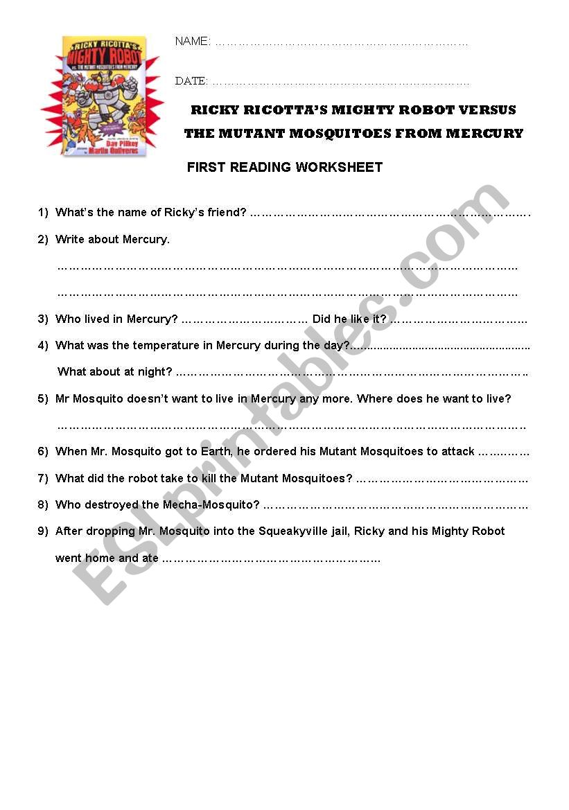 Reading worksheet for the book RICKY RICOTTAS MIGHTY ROBOT VERSUS THE MUTANT MOSQUITOES FROM MERCURY