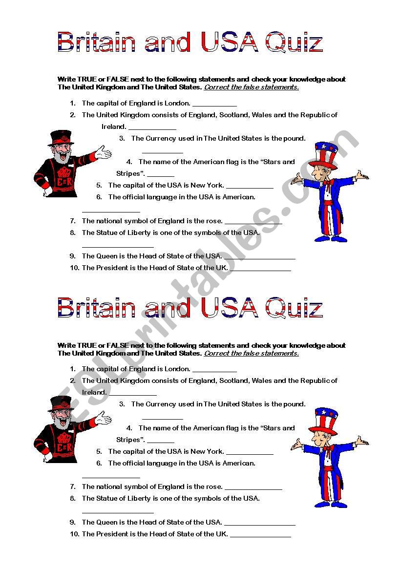 Britain and USA Quiz worksheet