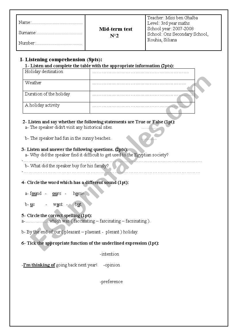 mid term test N2 Tunisian 3rd year Maths