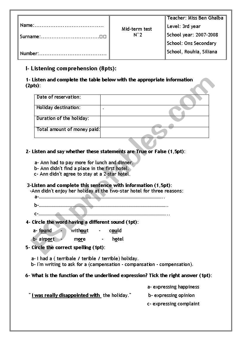 mid term test N2 Tunisian 3rd year science